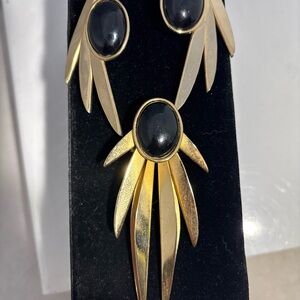 Gold and Black Feather Earrings with Onyx Accents